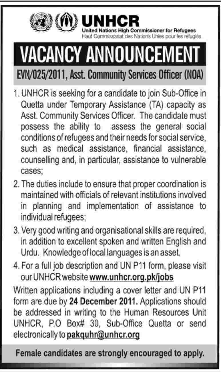 UNHCR Required Assistant Community Service Officer