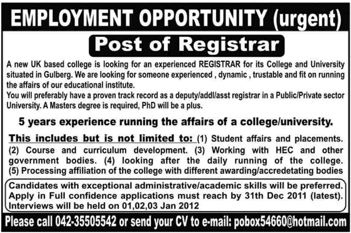 UK Based College in Lahore Required Registrar