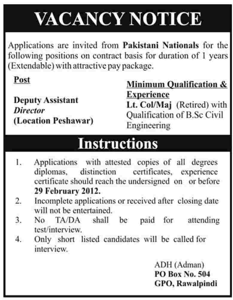 Deputy Assistant Director Required in Peshawar