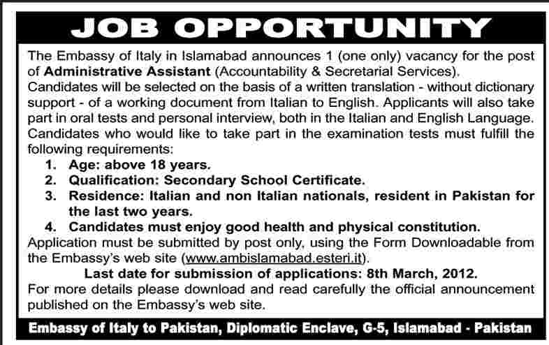 The Embassy of Italy in Islamabad Required Administrative Assistant