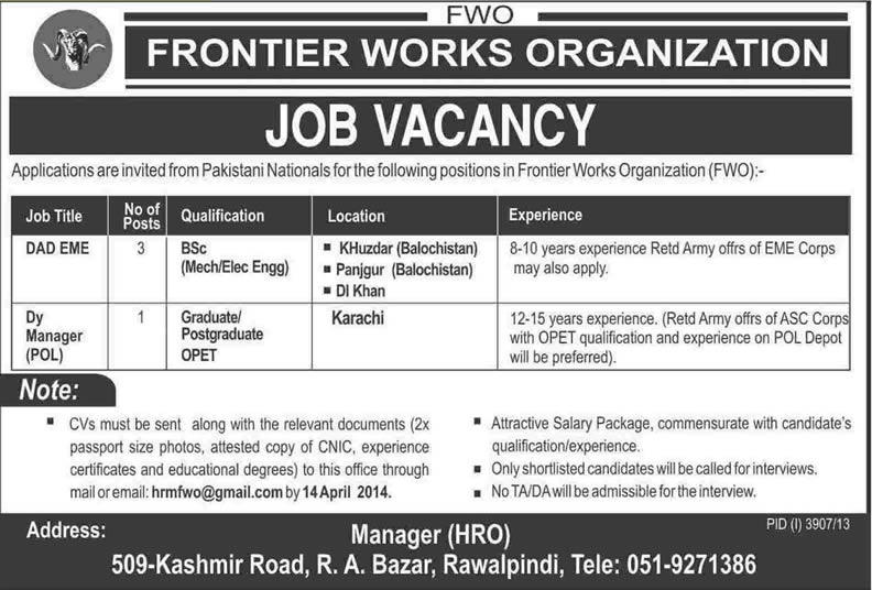 FWO Jobs 2014 April for DAD EME & Deputy Manager POL