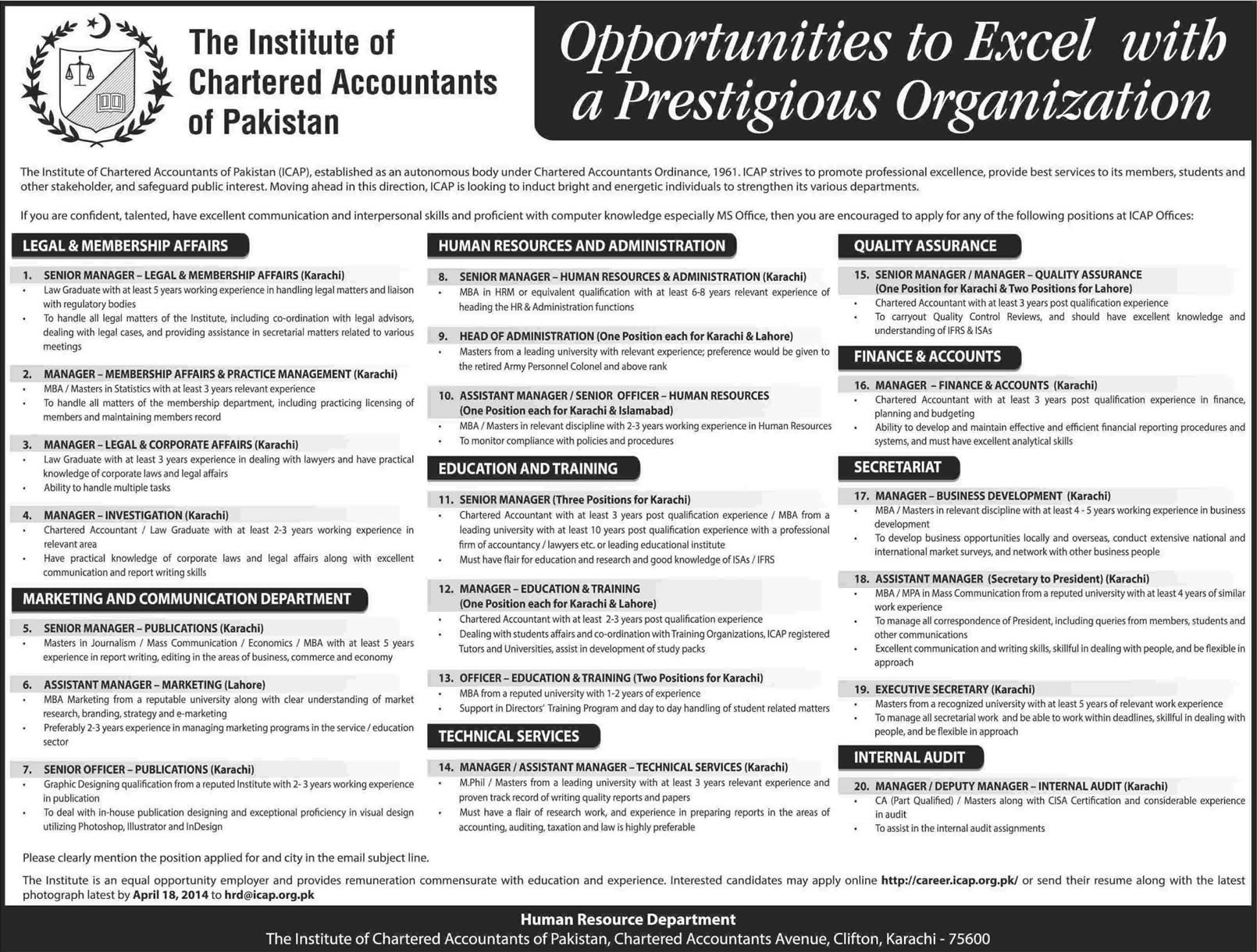 ICAP Jobs 2014 April Institute of Chartered Accountants of Pakistan