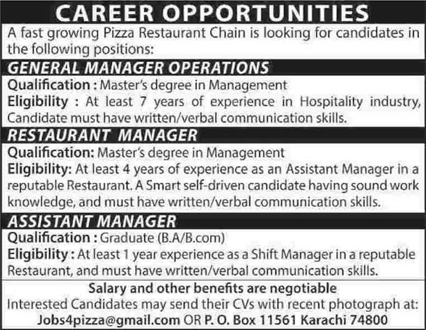 Operations & Restaurant Manager Jobs in Karachi 2014 April at Fast Food / Pizza Restaurant Chain