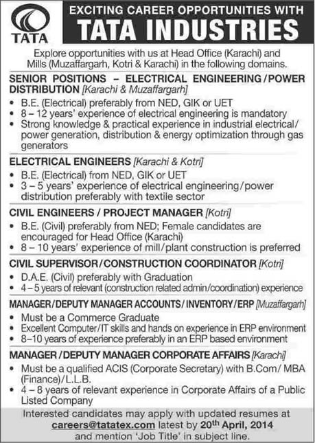 Tata Industries Jobs 2014 April for Electrical / Civil Engineers & Manager Accounts / Corporate Affairs