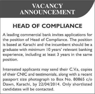 Head of Compliance Job in a Commercial Bank 2014 April