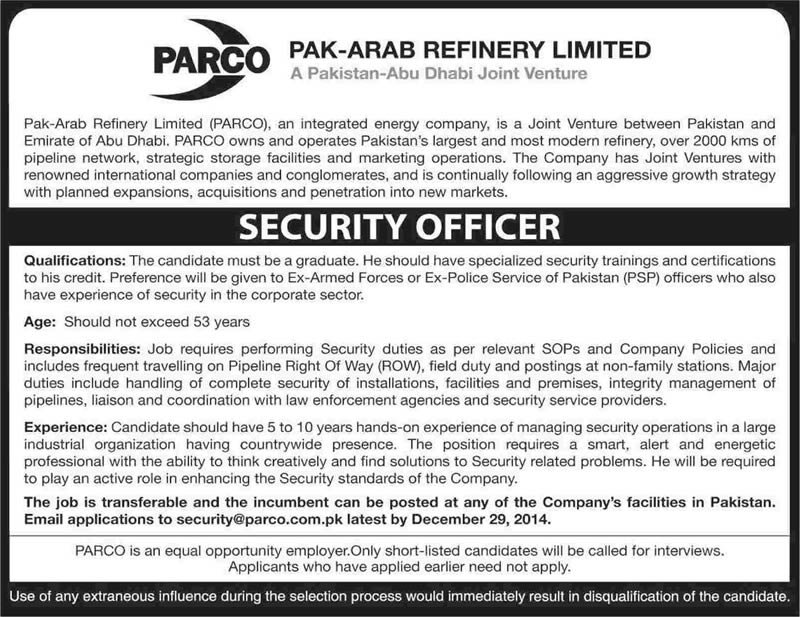 Security Officer Jobs in PARCO Pakistan 2014 December Pak-Arab Refinery