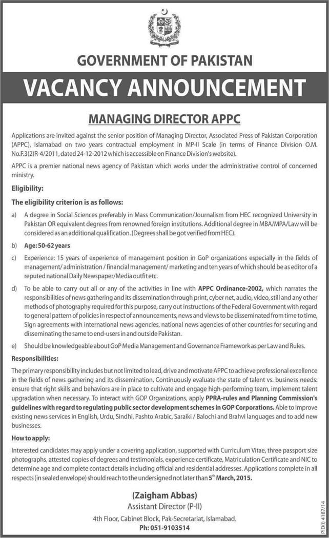 Managing Director  Associated Press of Pakistan Corporation Jobs 2015 February