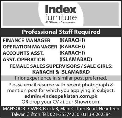 Index Furniture Karachi / Islamabad Jobs 2015 April Accounting / Operations & Sales Staff Latest ...