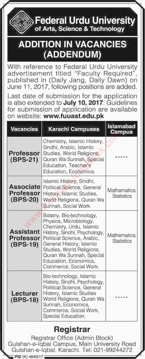 Federal Urdu University Islamabad Karachi Jobs 2017 June Teaching 