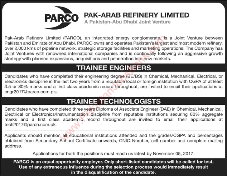 PARCO Jobs October 2017 for Trainee Engineers & Technologists Pak Arab Refinery Limited Latest
