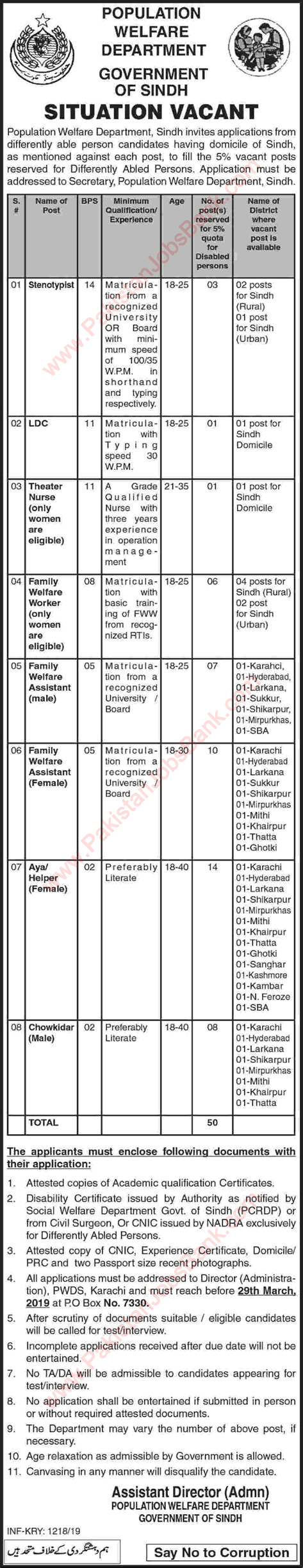Population Welfare Department Sindh Jobs March 2019 Family Welfare Assistants & Others Latest