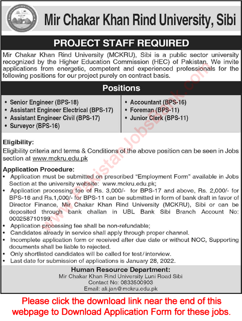 Mir Chakar Khan Rind University Sibi Jobs 2022 MCKRU Application Form Latest