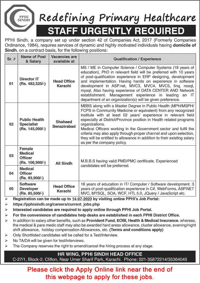 PPHI Sindh Jobs June 2023 July Apply Online Medical Officers & Others People Primary Healthcare Initiative Latest