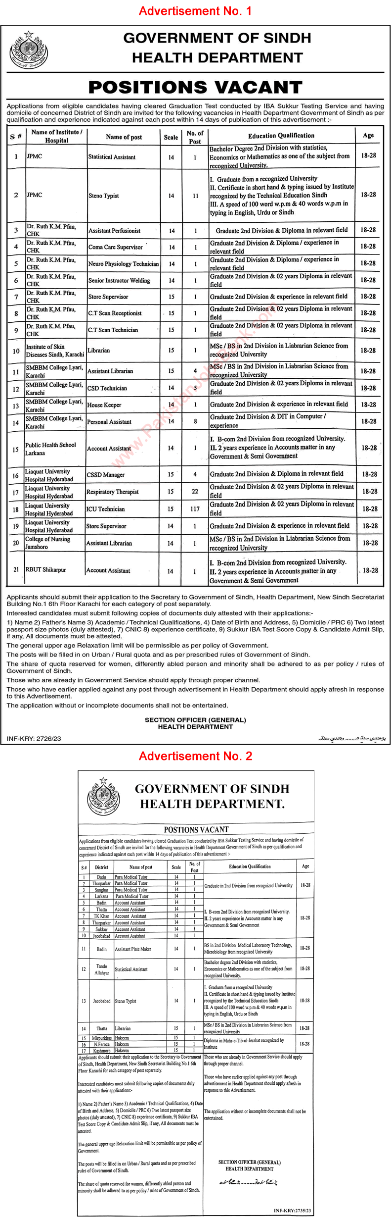 Health Department Sindh Jobs July 2023 Medical Technicians, Therapists & Others Latest