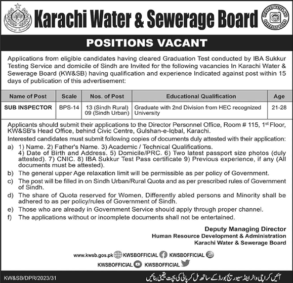 Sub Inspector Jobs in Karachi Water and Sewerage Board 2023 July KWSB Latest