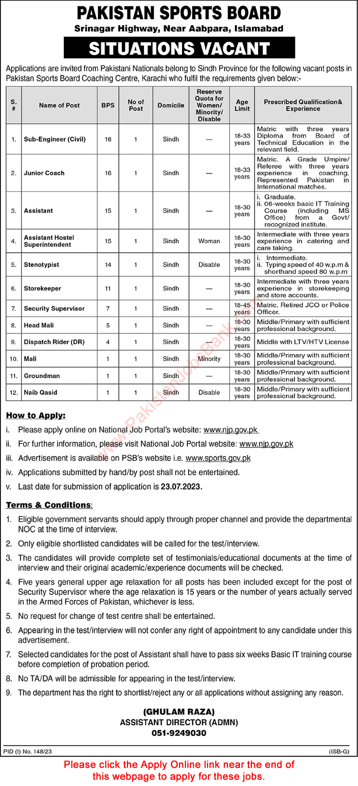 Pakistan Sports Board Coaching Center Karachi Jobs 2023 July PSB Apply Online Sub Engineers, Assistants & Others Latest