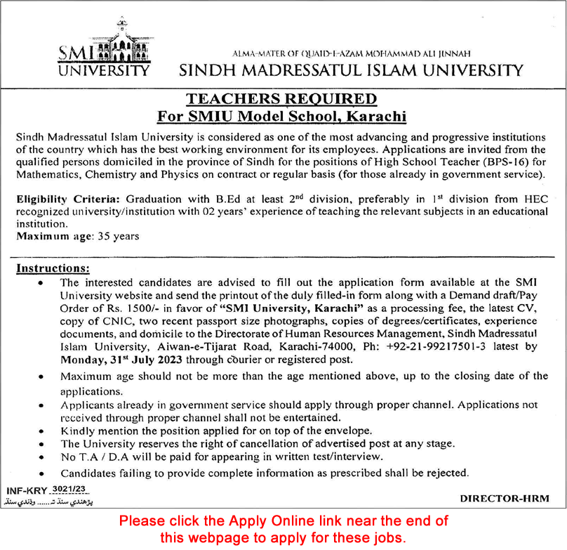 Teaching Jobs in SMIU Model School Karachi 2023 July Online Application Form Latest