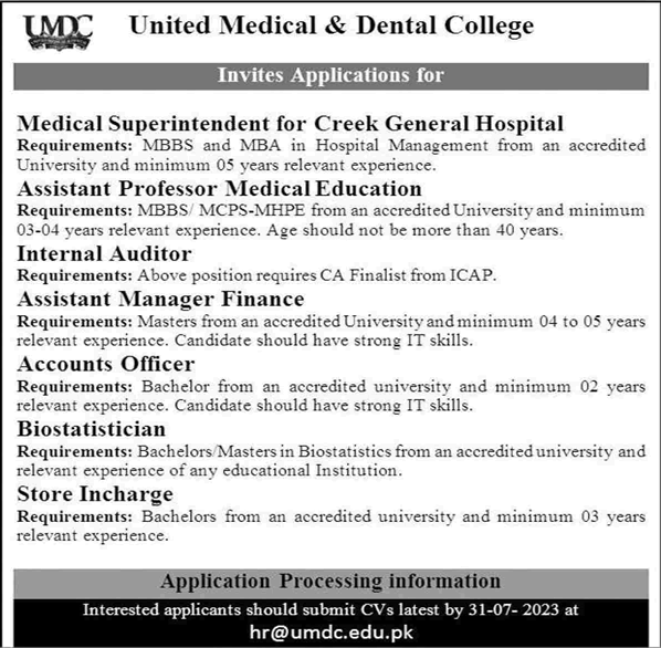 United Medical and Dental College Karachi Jobs 2023 July Accounts Officer, Store Incharge & Others Latest