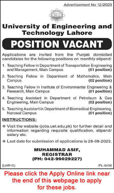 UET Lahore Jobs August 2023 Apply Online Teaching Fellows / Assistant Latest