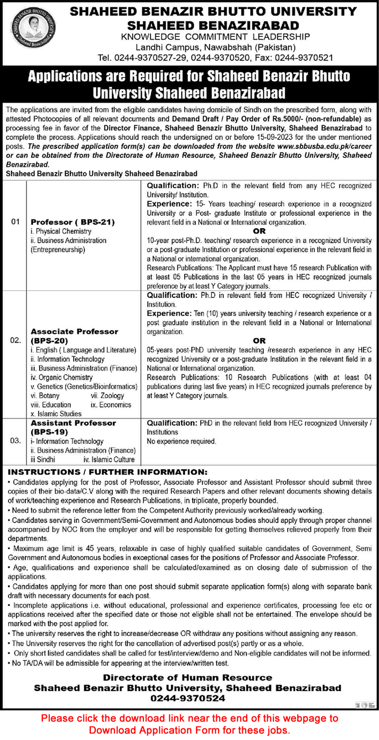 Shaheed Benazir Bhutto University Shaheed Benazirabad Jobs 2023 August Application Form Teaching Faculty Latest