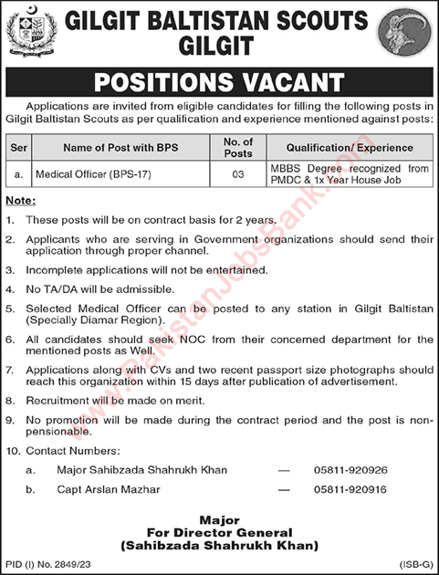Medical Officer Jobs in Gilgit Baltistan Scouts November 2023 Latest