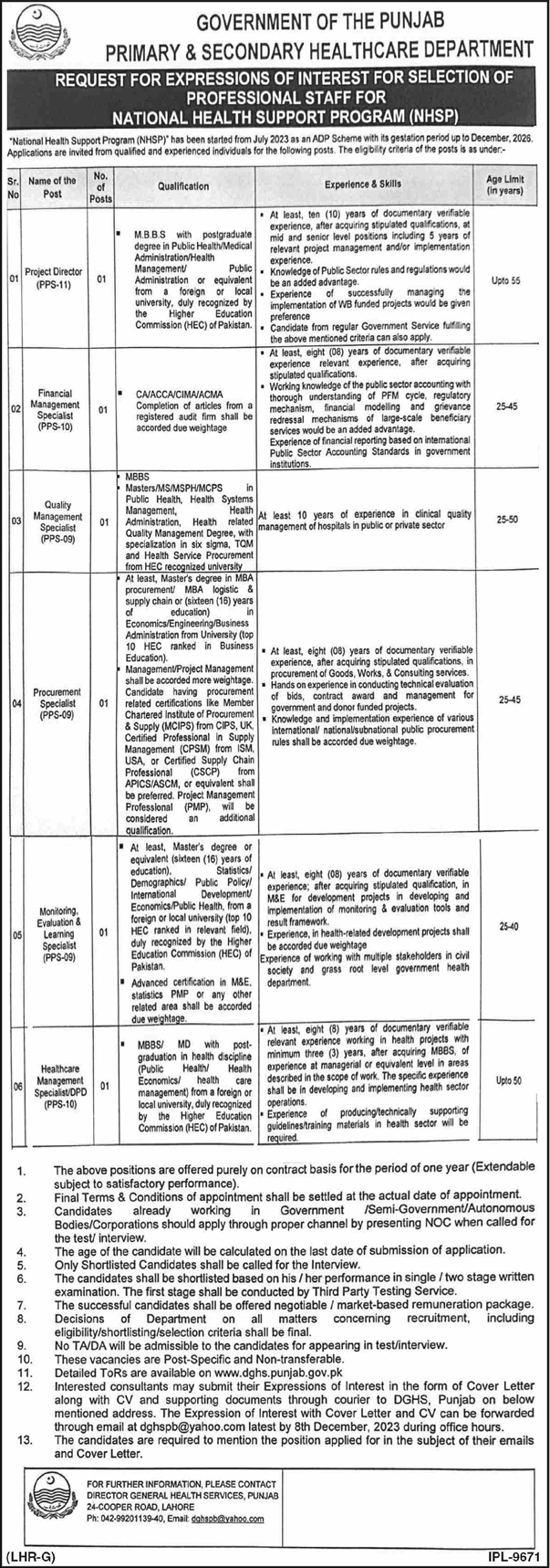 Primary and Secondary Healthcare Department Punjab Jobs November 2023 National Health Support Program Latest