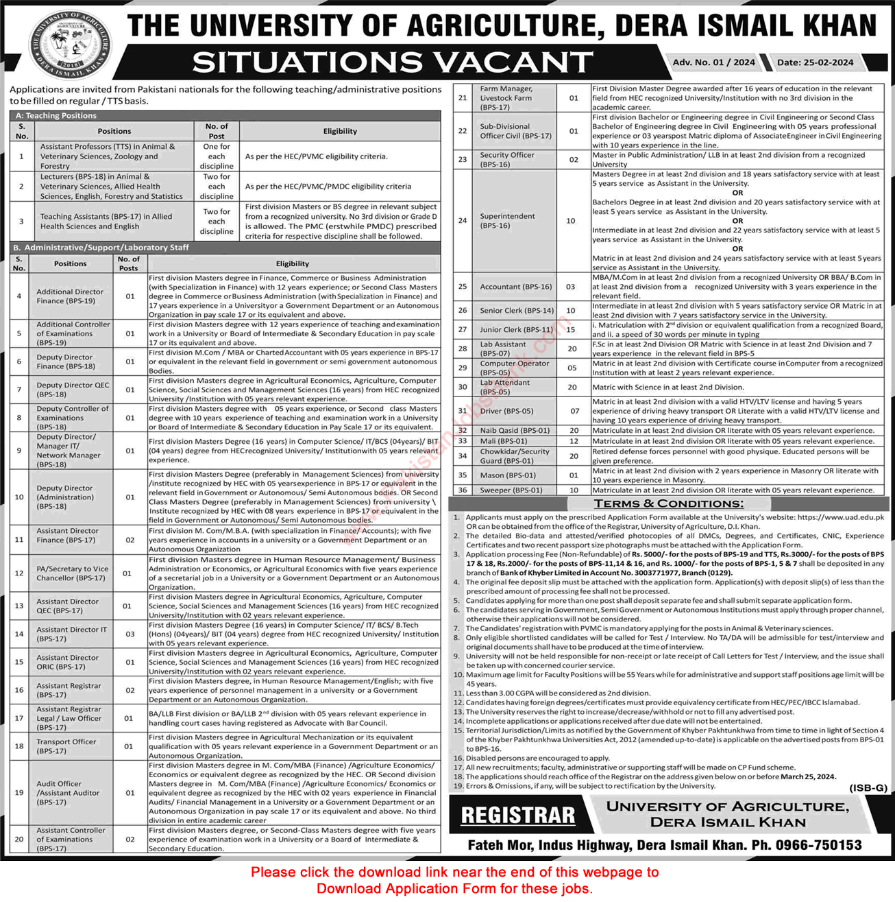 University of Agriculture Dera Ismail Khan Jobs 2024 February UAD Application Form Latest