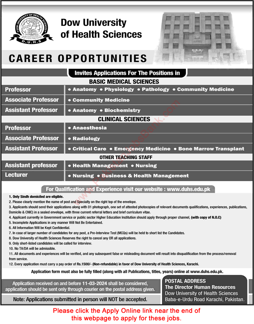 Teaching Faculty Jobs in Dow University of Health Sciences Karachi 2024 February / March Apply Online Latest