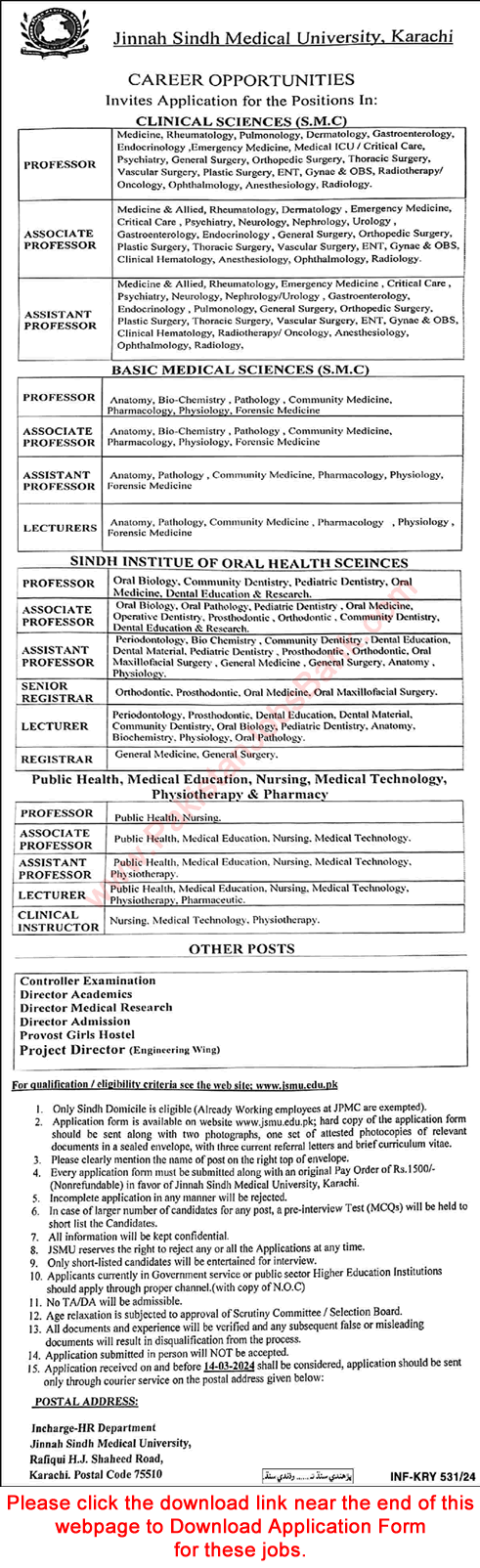 Jinnah Sindh Medical University Karachi Jobs 2024 February JSMU Application Form Teaching Faculty & Others Latest