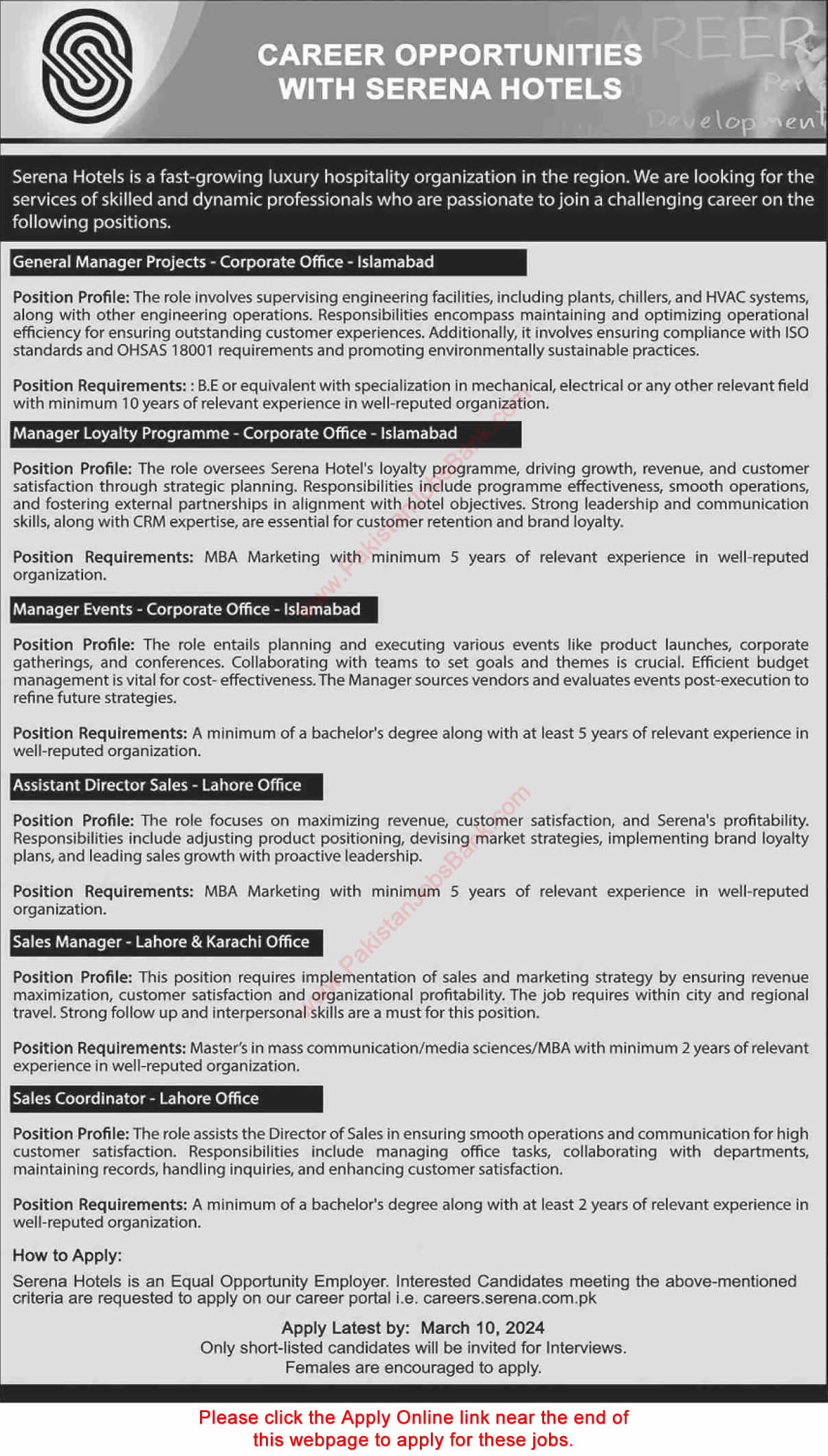 Serena Hotel Jobs March 2024 Apply Online Sales Manager / Coordinator & Others Latest