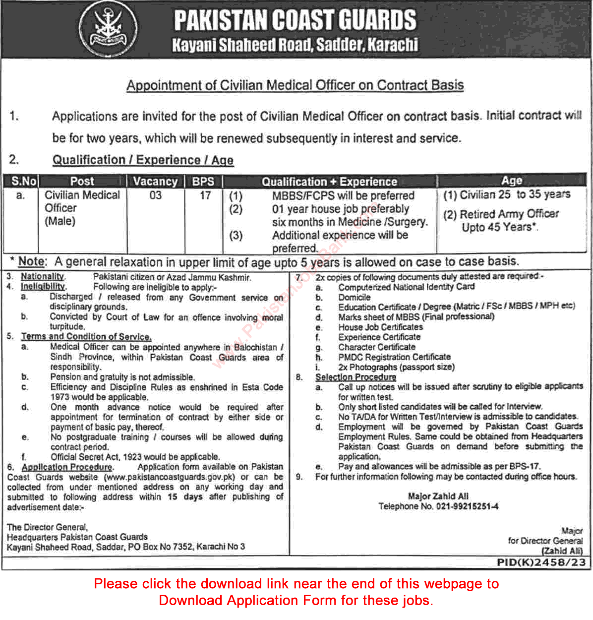 Civilian Medical Officer Jobs in Pakistan Coast Guards Karachi 2024 March Application Form Latest