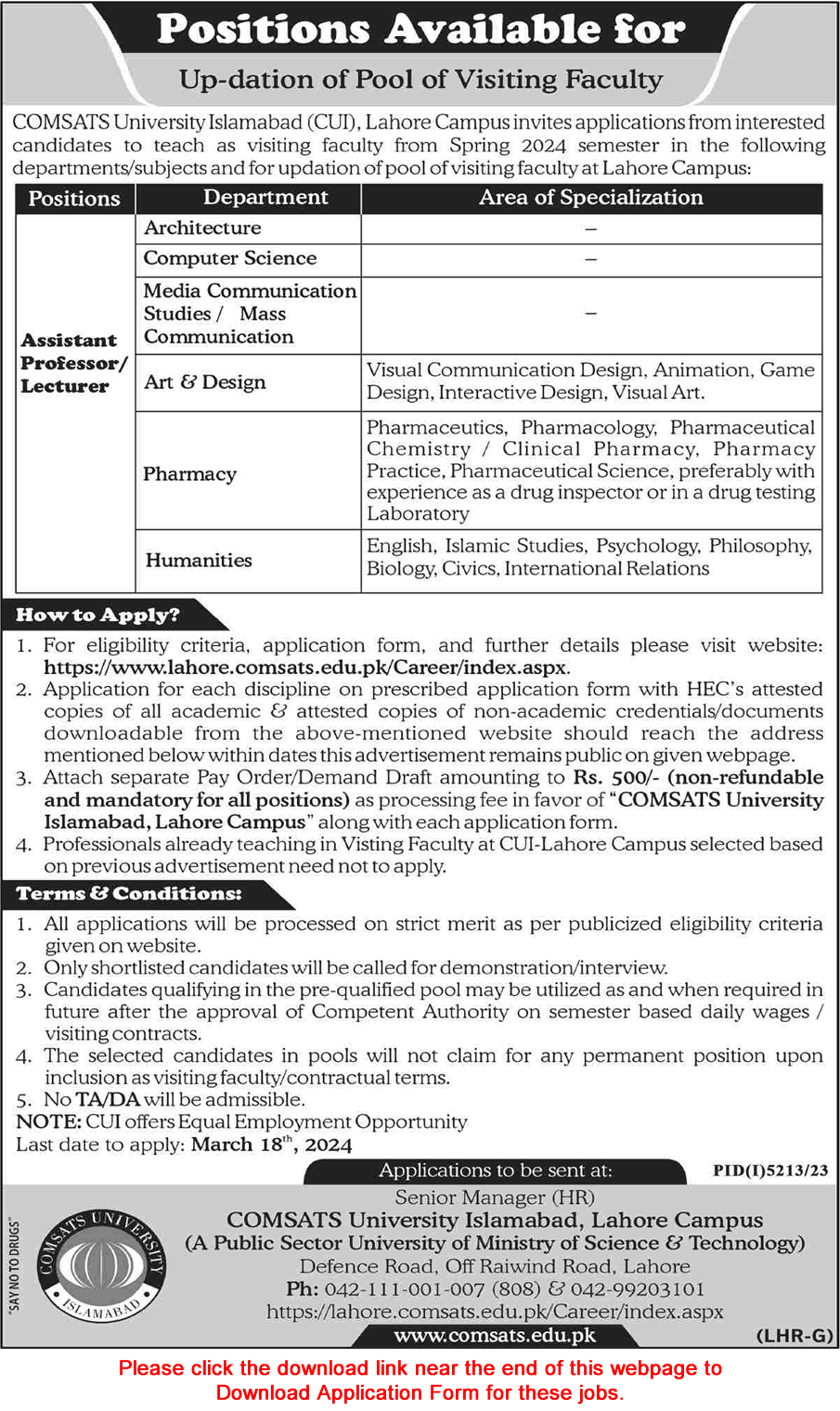 COMSATS University Lahore Campus Jobs 2024 March Application Form Teaching Faculty Latest