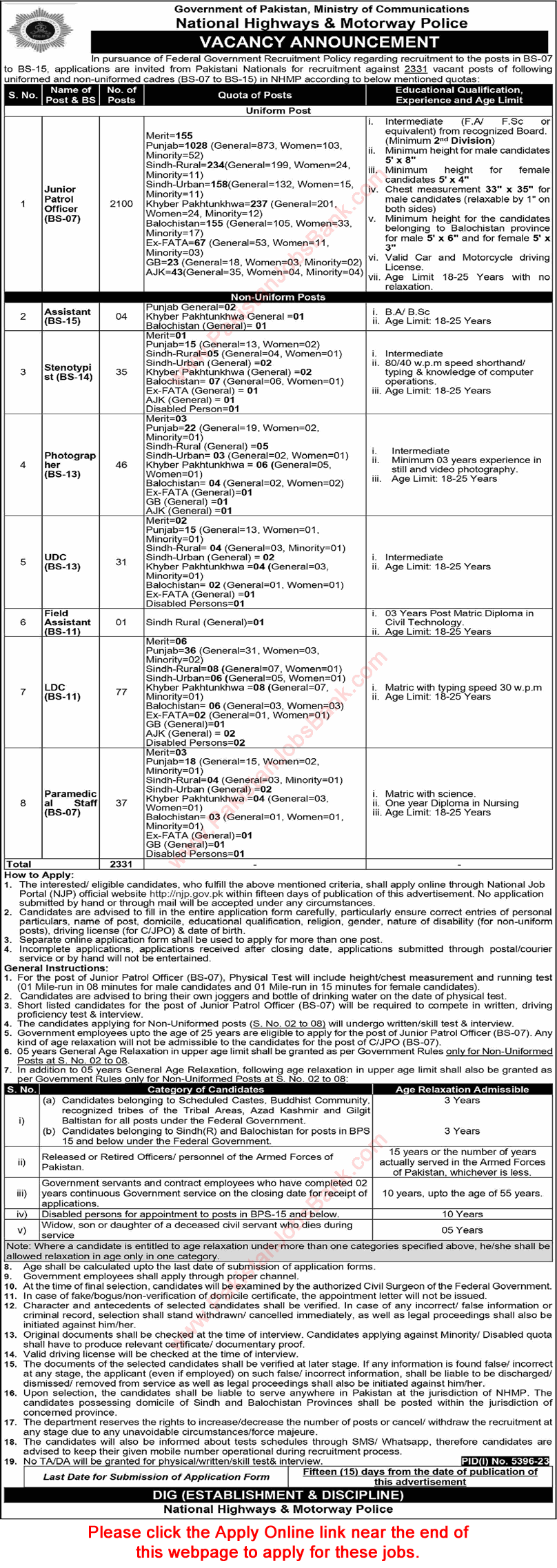 National Highways and Motorway Police Jobs 2024 March Apply Online Junior Patrol Officers & Others NH&MP Latest