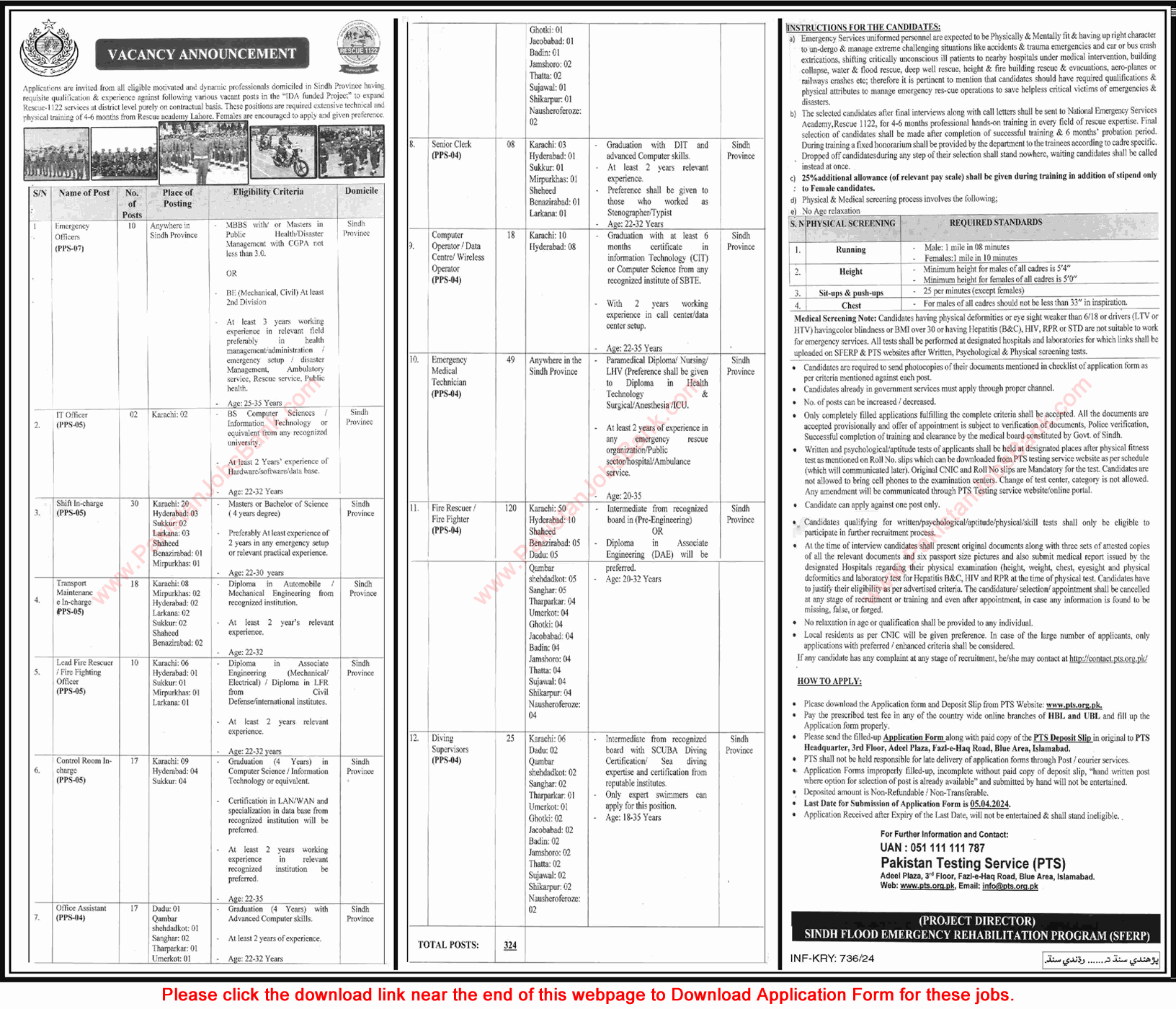 Sindh Emergency Rescue Service 1122 Jobs 2024 March PTS Application Form Fire Rescuers / Fighters & Others Latest