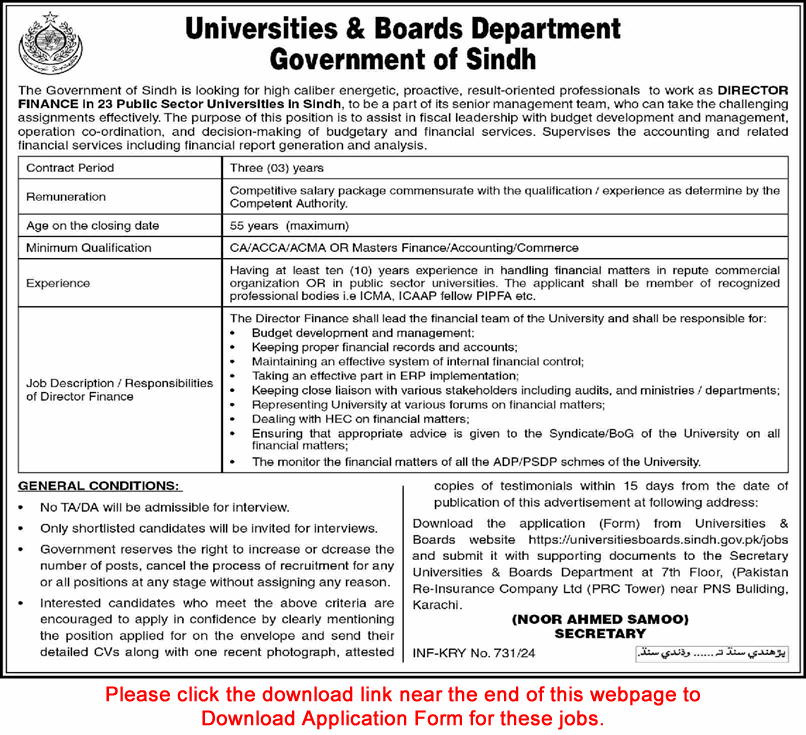Director Finance Jobs in University March 2024 Universities and Boards Department Sindh Application Form Latest