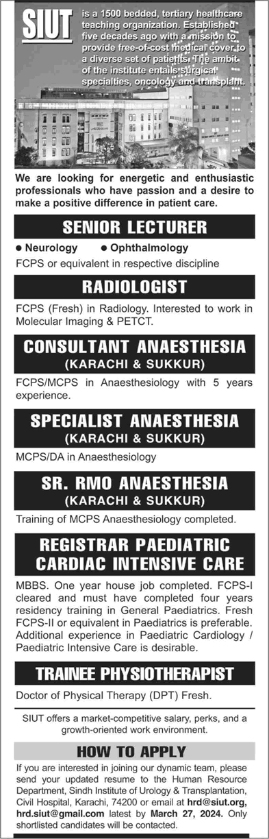 SIUT Hospital Karachi Jobs March 2024 Sindh Institute of Urology and Transplantation Latest