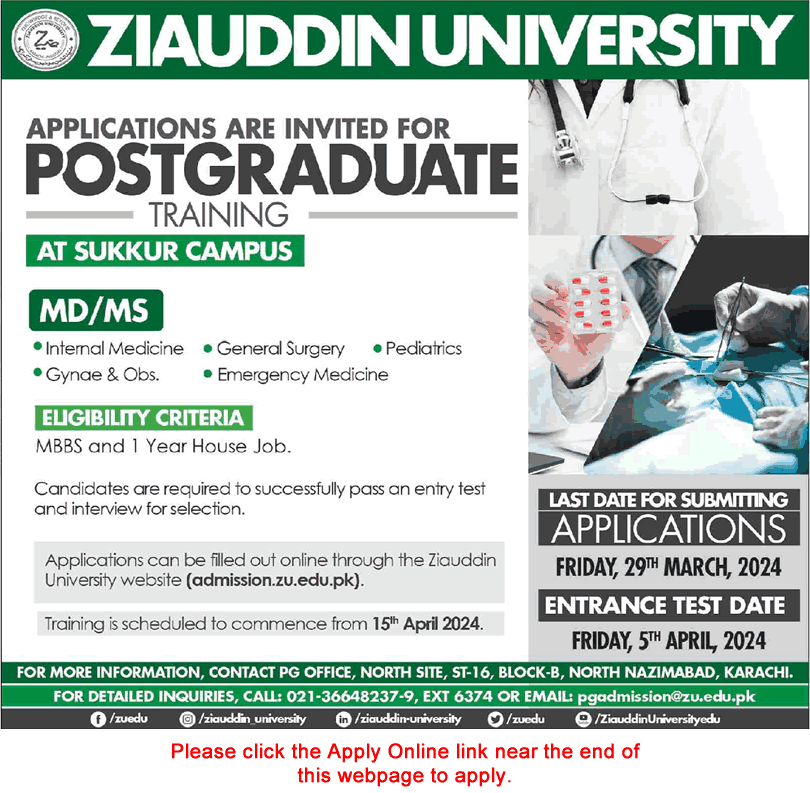 Ziauddin University Karachi Jobs March 2024 Apply Online MS / MD Postgraduate Training Latest