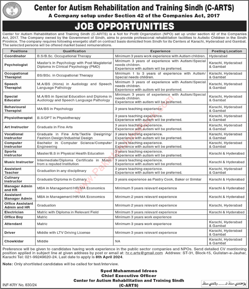 Center for Autism Rehabilitation and Training Sindh Jobs 2024 March C-ARTS Latest