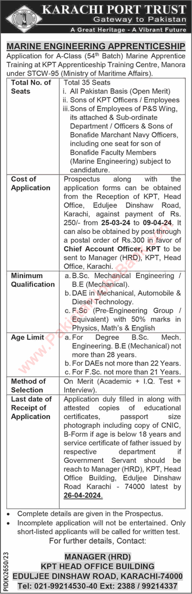 Karachi Port Trust Apprenticeship 2024 March KPT Trade Apprentices Marine Engineering Latest