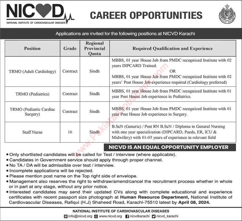 NICVD Karachi Jobs March 2024 Trainee Residency Medical Officers & Staff Nurses Latest
