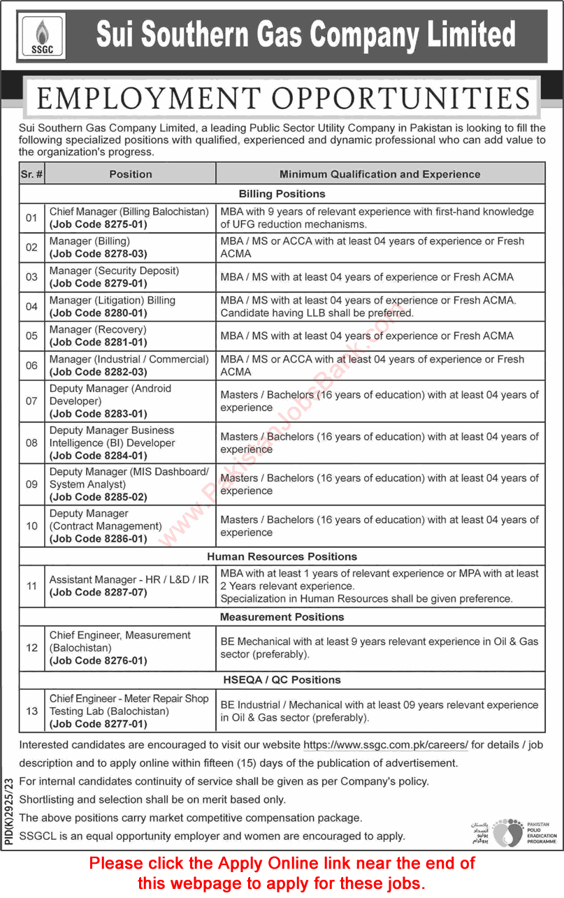 SSGC Jobs April 2024 Apply Online Assistant / Deputy Managers & Others Sui Southern Gas Company Limited Latest