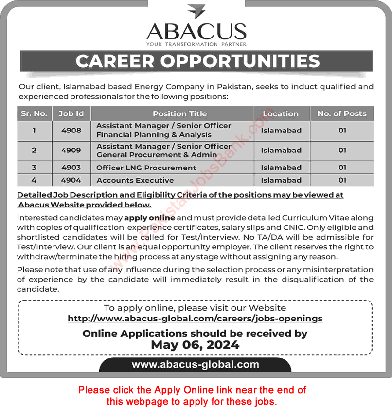 ABACUS Islamabad Jobs 2024 April Apply Online Accounts Executive, Assistant Manager & Others Latest