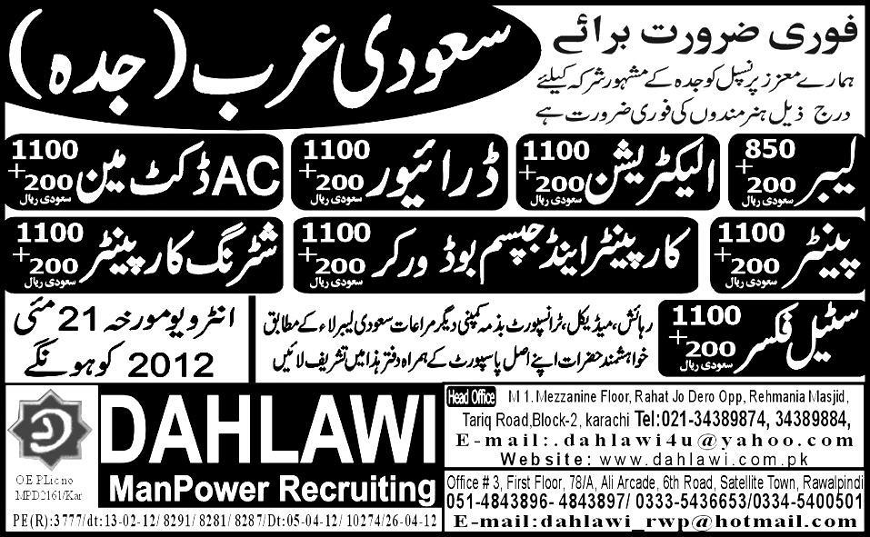 DAHLAWI Recruiting Agency Required Labours and Electricians for Saudi Arabia (Jeddah)