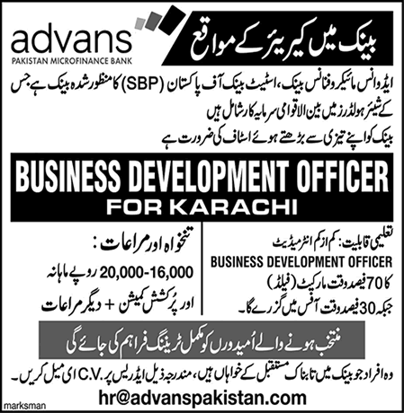Business Development Officer Jobs in Advans Pakistan Microfinance Bank Karachi December 2016 Latest