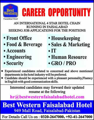 hotel jobs faisalabad western latest housekeeping officer desk staff others february advertisement ad job friends express