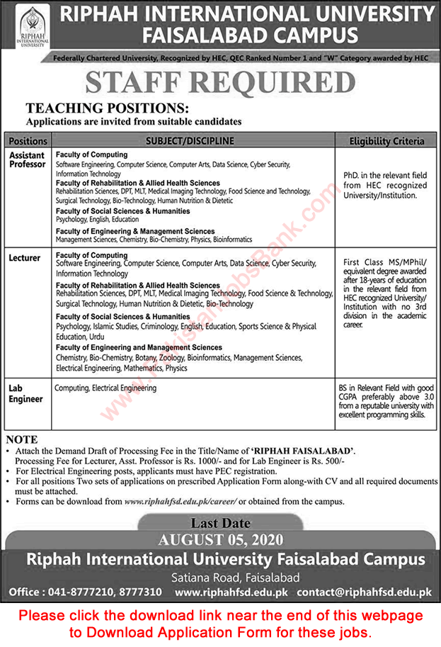 Riphah International University Faisalabad Jobs July 2020 August RIU Application Form Teaching Faculty & Lab Engineers Latest