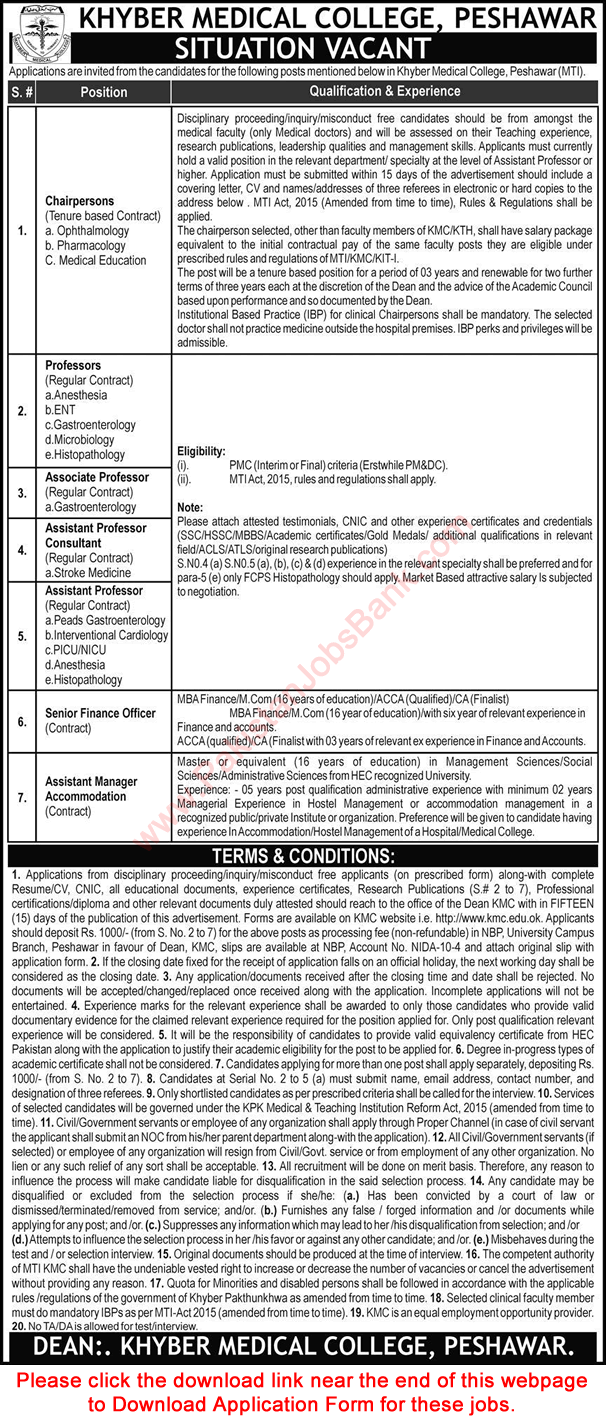 Khyber Medical College Peshawar Jobs 2022 February Application Form MTI KTH Teaching Faculty & Others Latest