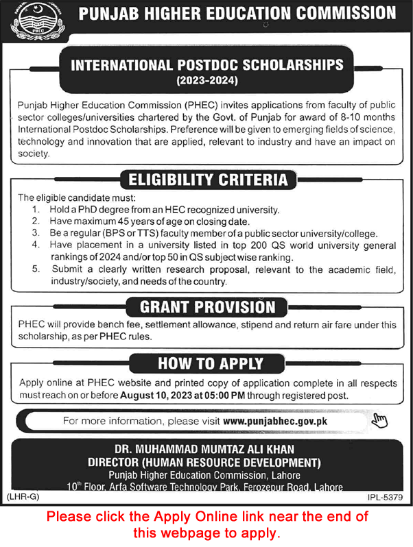 Punjab Higher Education Commission Foreign Post-Doctoral Scholarships 2023 July Punjab HEC Apply Online Latest