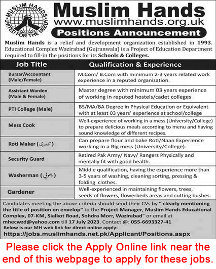 Muslim Hands Educational Complex Wazirabad Jobs July 2023 Apply Online Security Guard, Cook & Others Latest