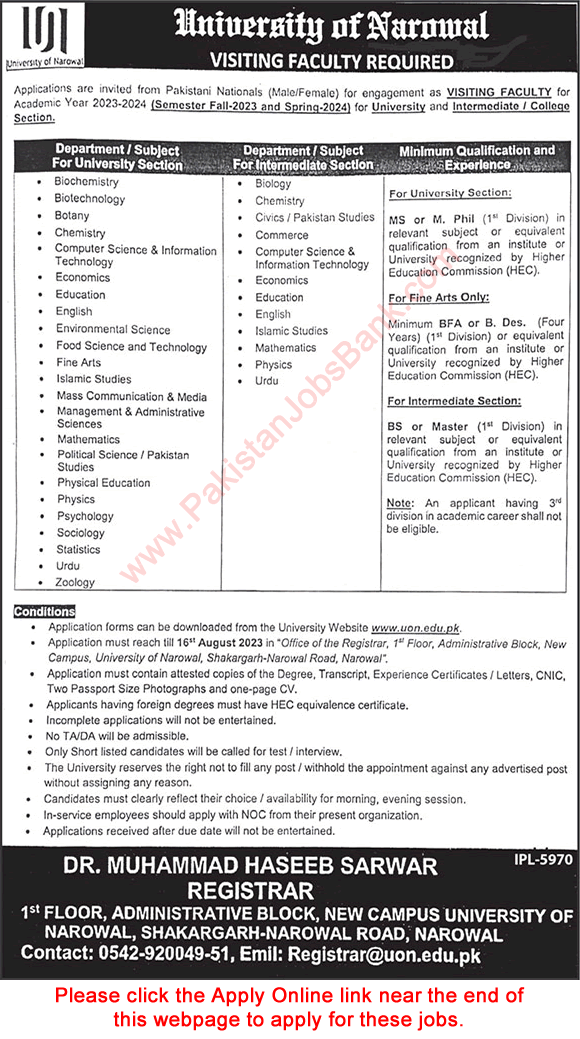 Visiting Faculty Jobs in University of Narowal July 2023 August UON Apply Online Latest